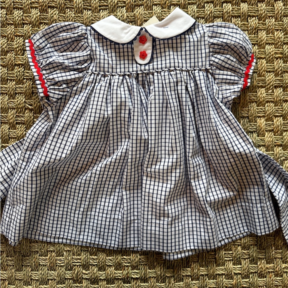 Girls 12-18mo Beaufort Bonnet Navy & White Check Puff Sleeve Dress with Red Trim